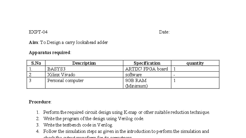 Exp 4: Design of a Carry Lookahead Adder Using BASYS3 and Verilog - Studocu