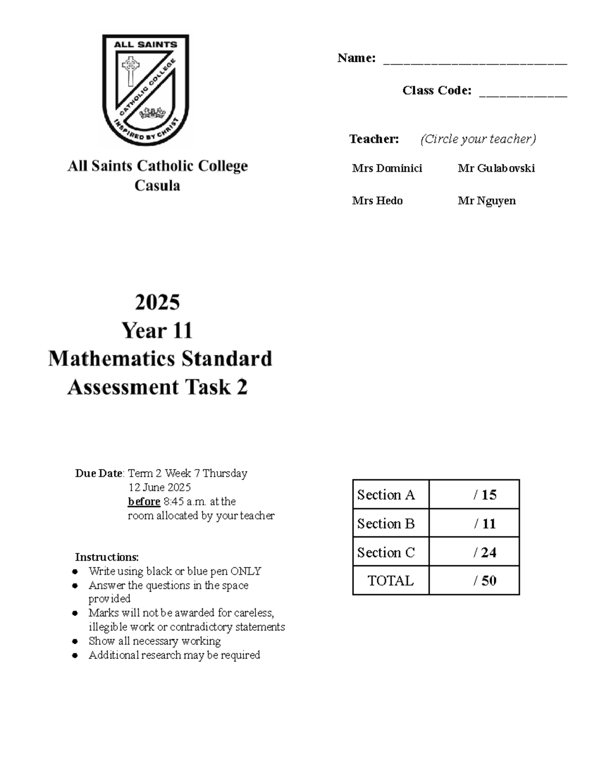 2025 Year 11 Mathematics Standard Assessment Task 2 - Student Copy ...