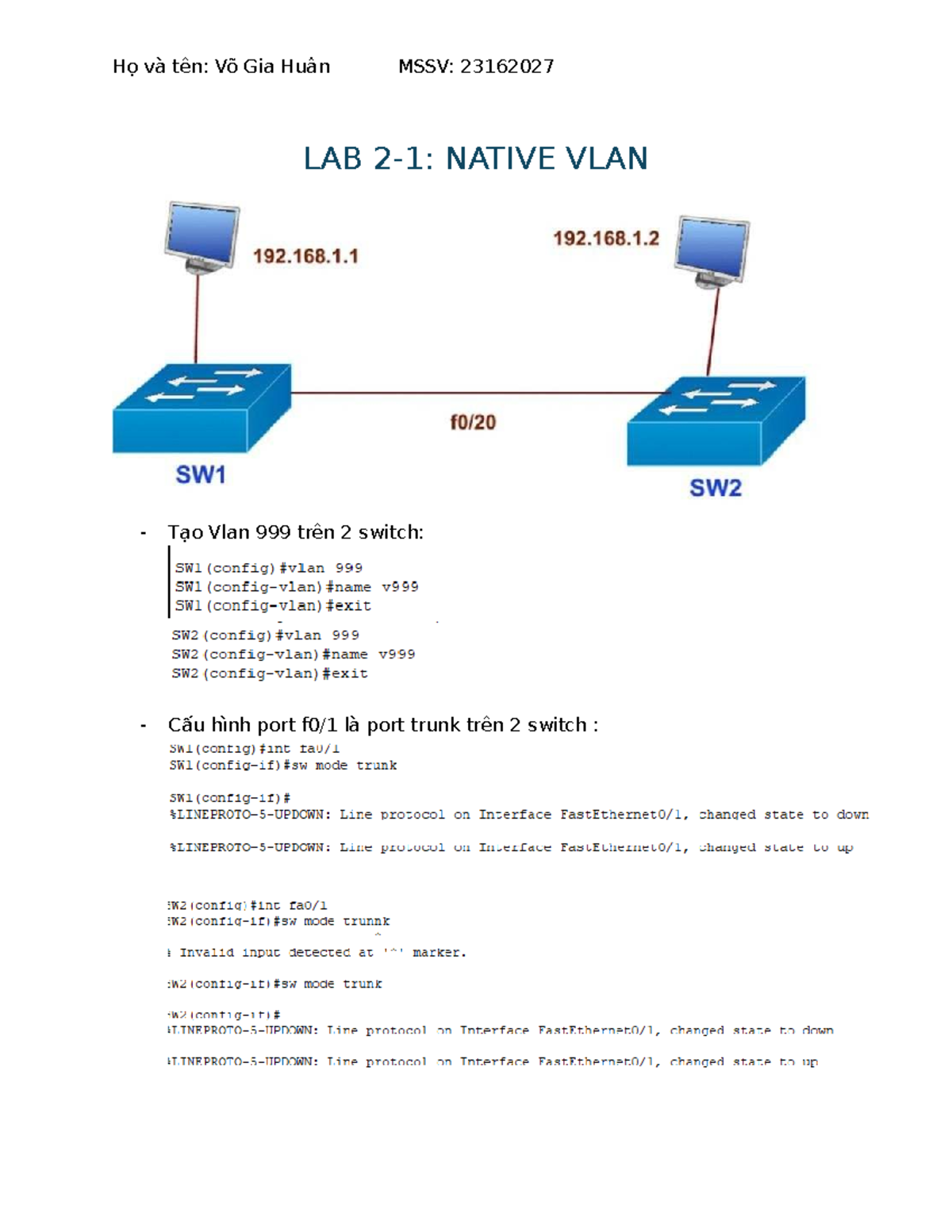Lab 2-1: Cấu Hình Native VLAN Trên 2 Switch - Mạng Máy Tính Nâng Cao ...