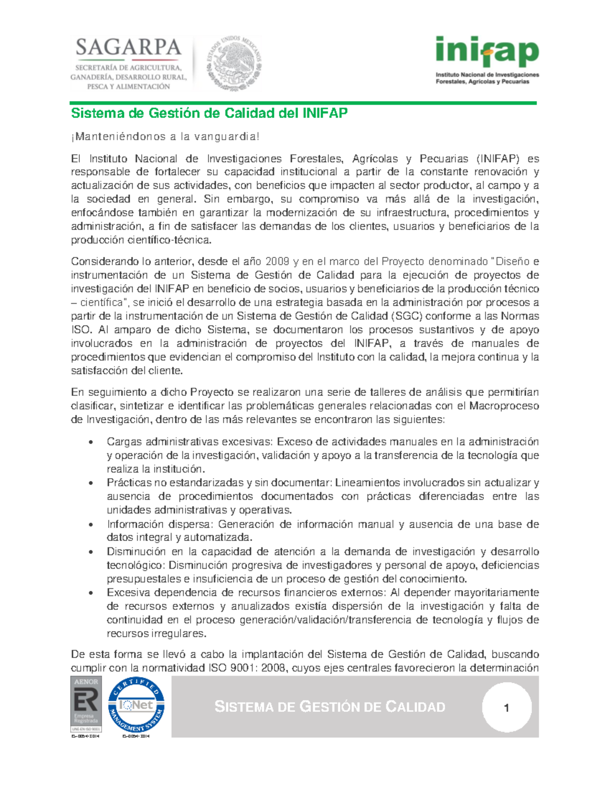 Sistema de Gestión de Calidad del INIFAP - Informe Final ES-0054/2014 ...