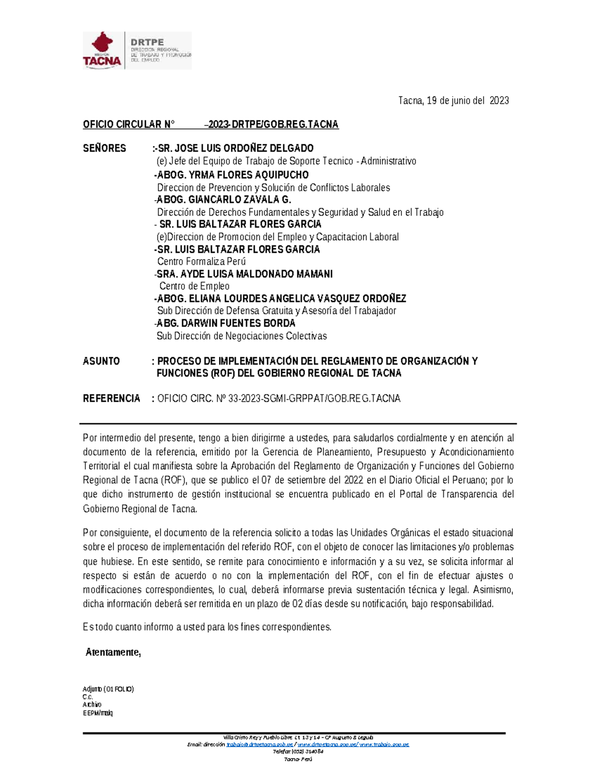 Oficio Circular N° 000 - Implementación del ROF del Gobierno Regional ...