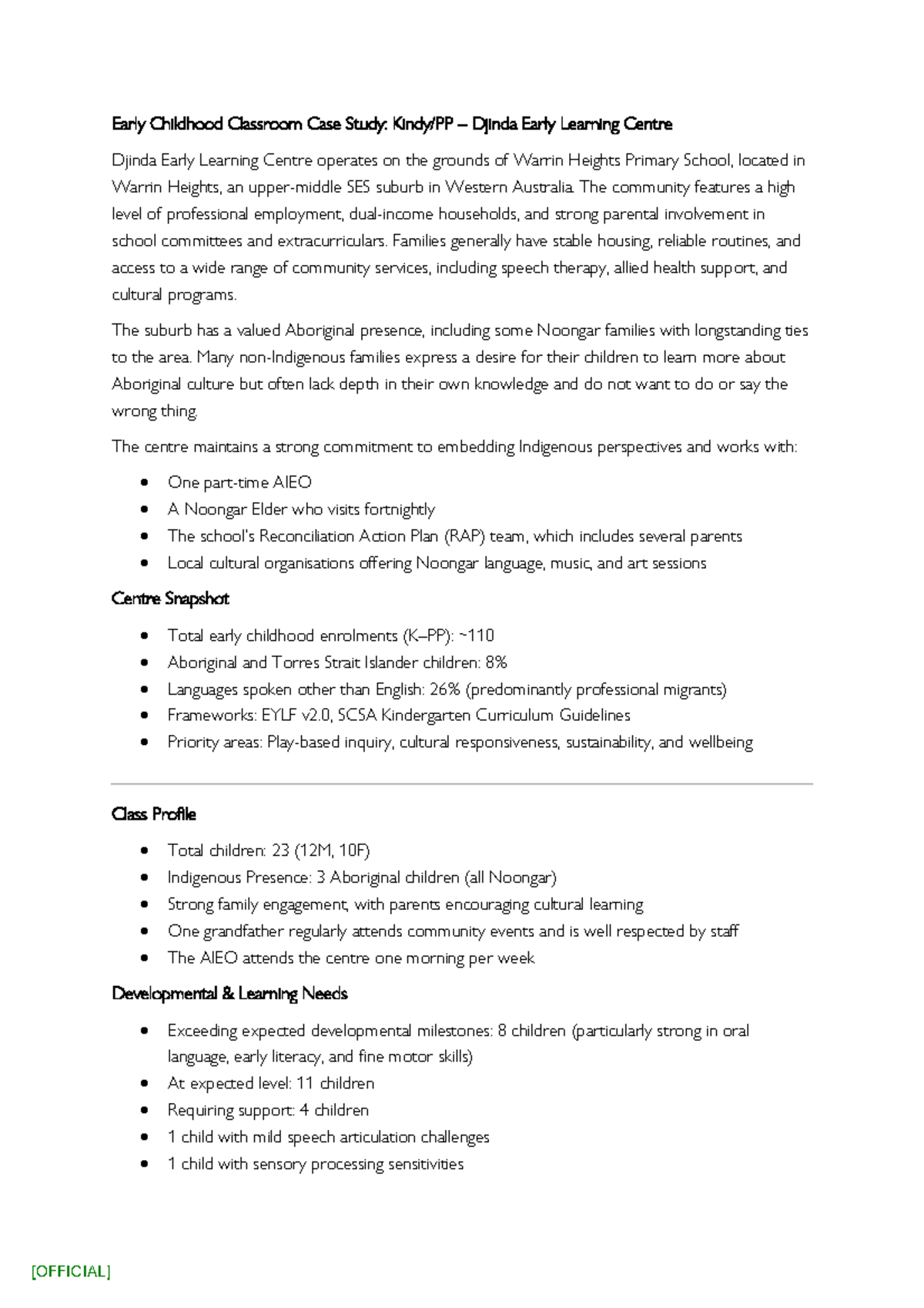 Early Childhood Case Study: Djinda Early Learning Centre - Studocu