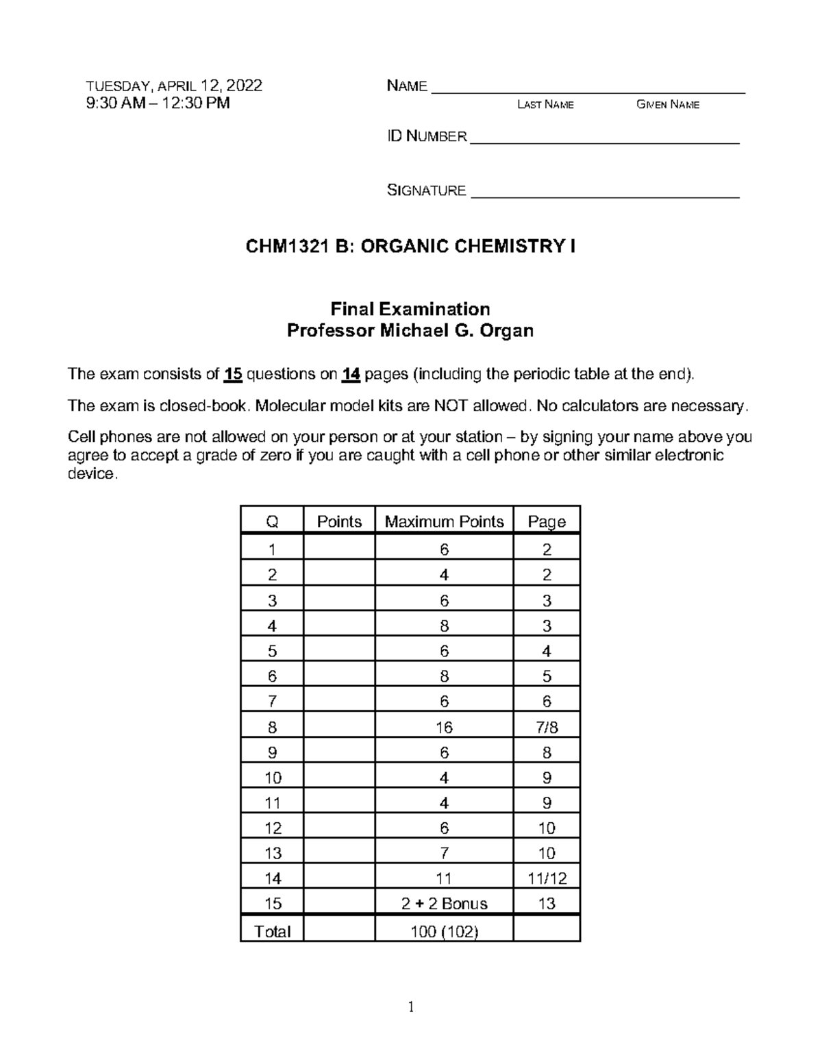 CHM1321 B: Organic Chemistry I Final Exam Answers (April 2022) - Studocu