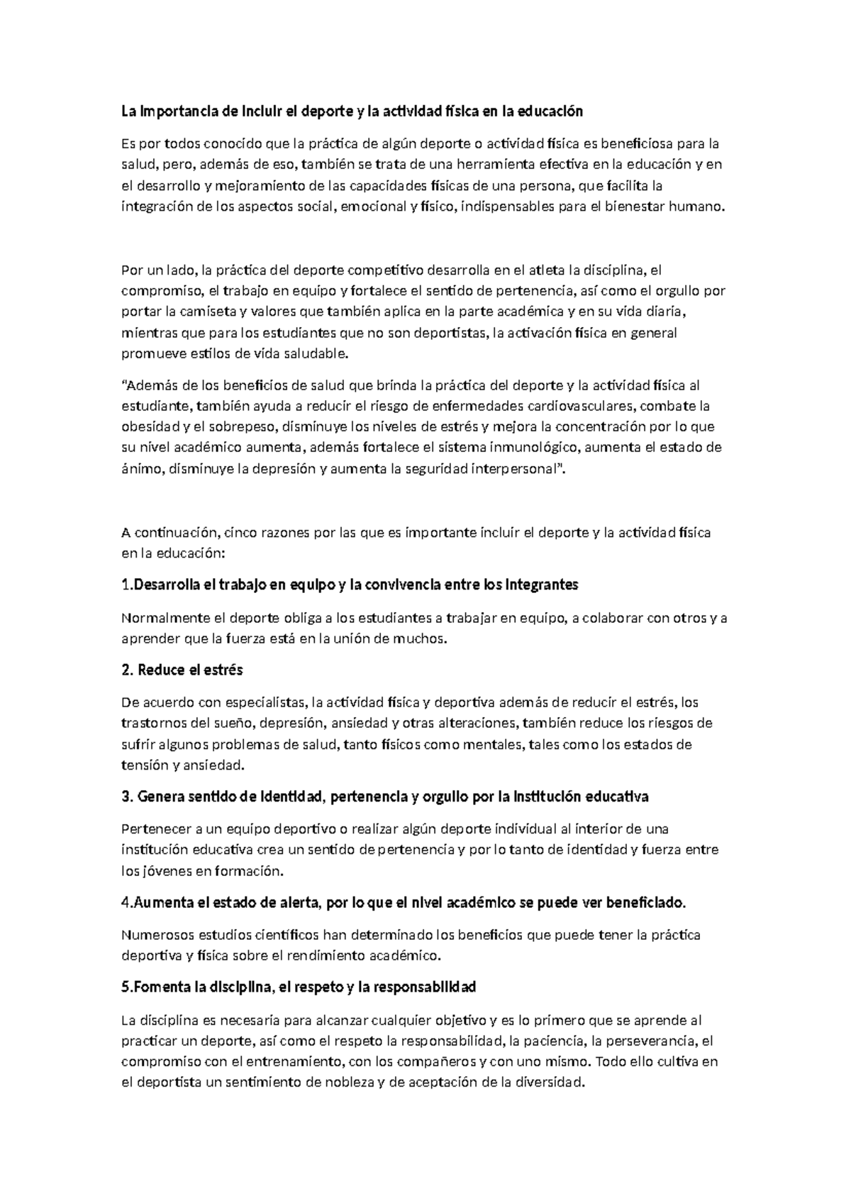 La Importancia del Deporte en la Educación Física y Salud - Studocu