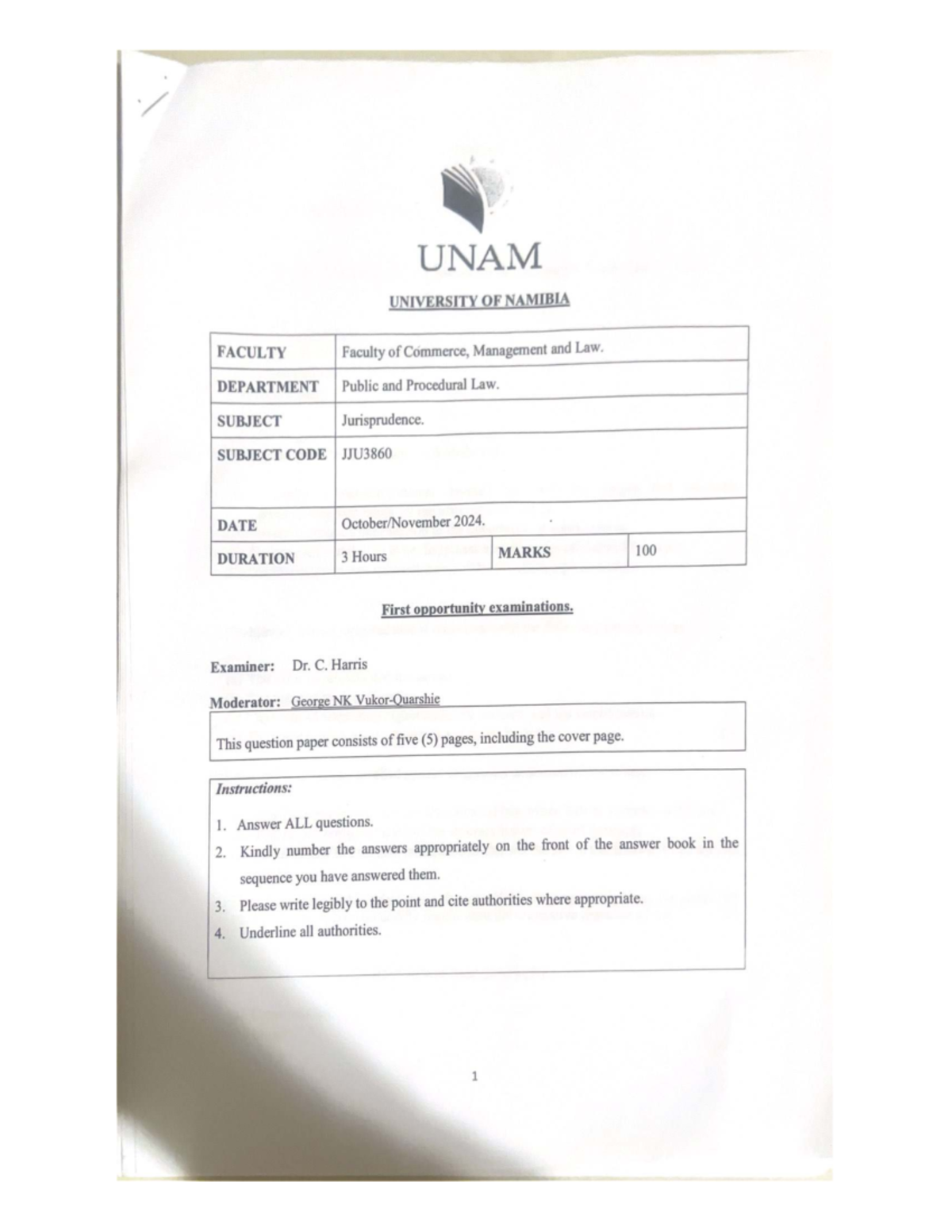 Jurisprudence Past Exam Paper JJU3860 - UNAM 2024 - Studocu