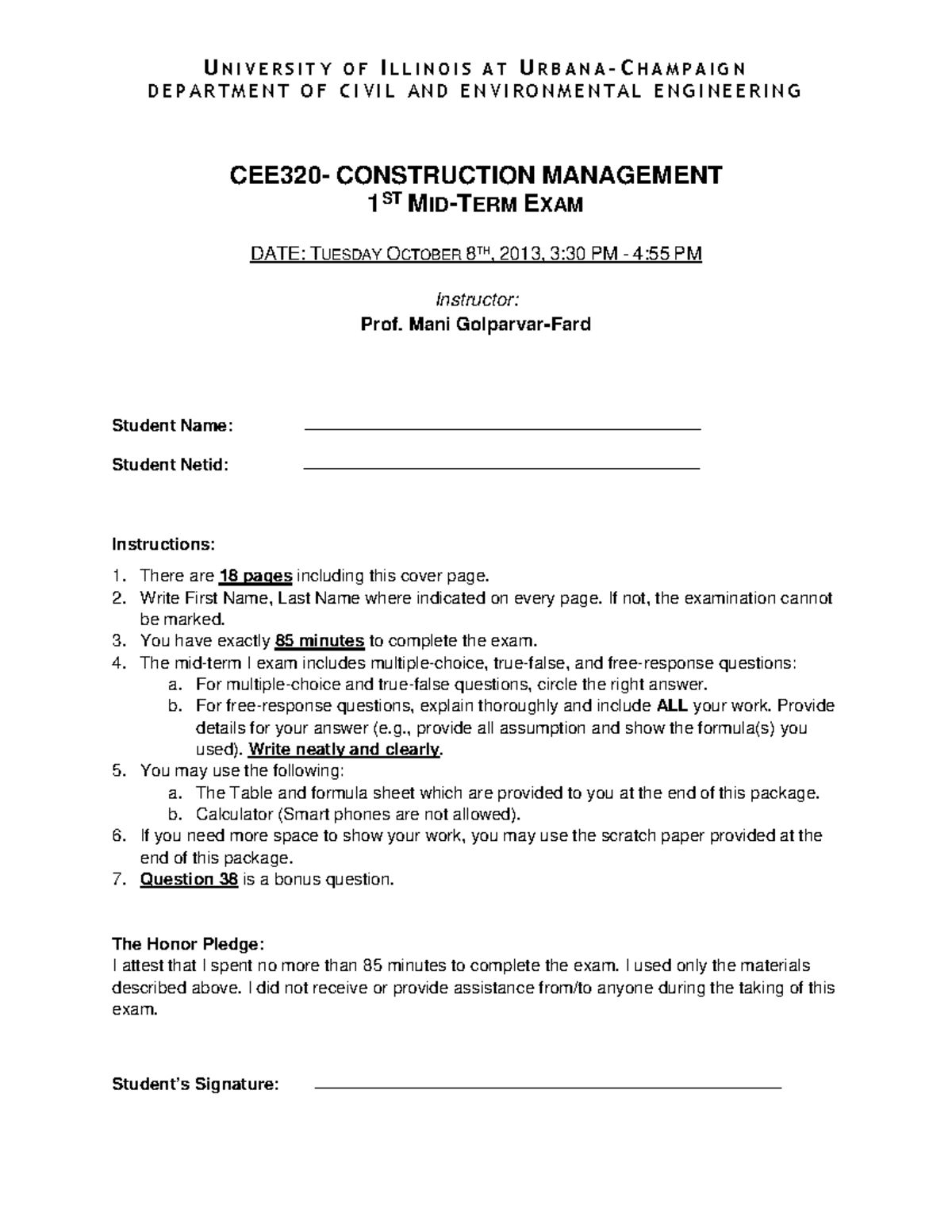 Midterm Exam I Solutions - CEE 320 Construction Management - Studocu