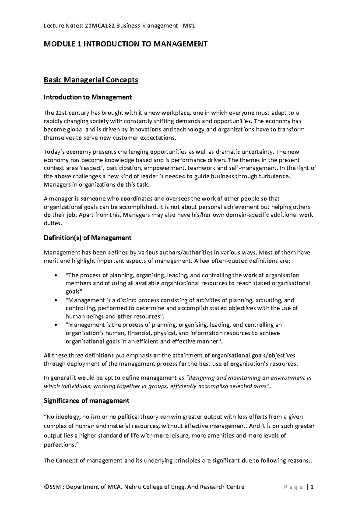 Lecture Notes: 20MCA182 Business Management - Module 1 Overview - Studocu