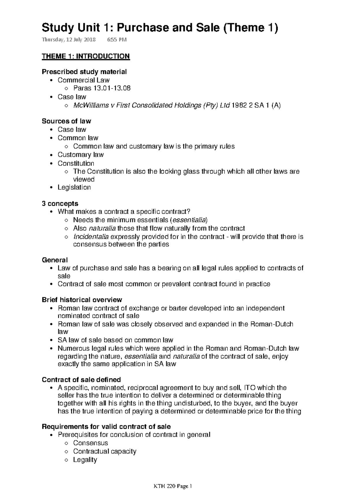 KTH 220 - Summary of Purchase and Sale Principles in Commercial Law ...