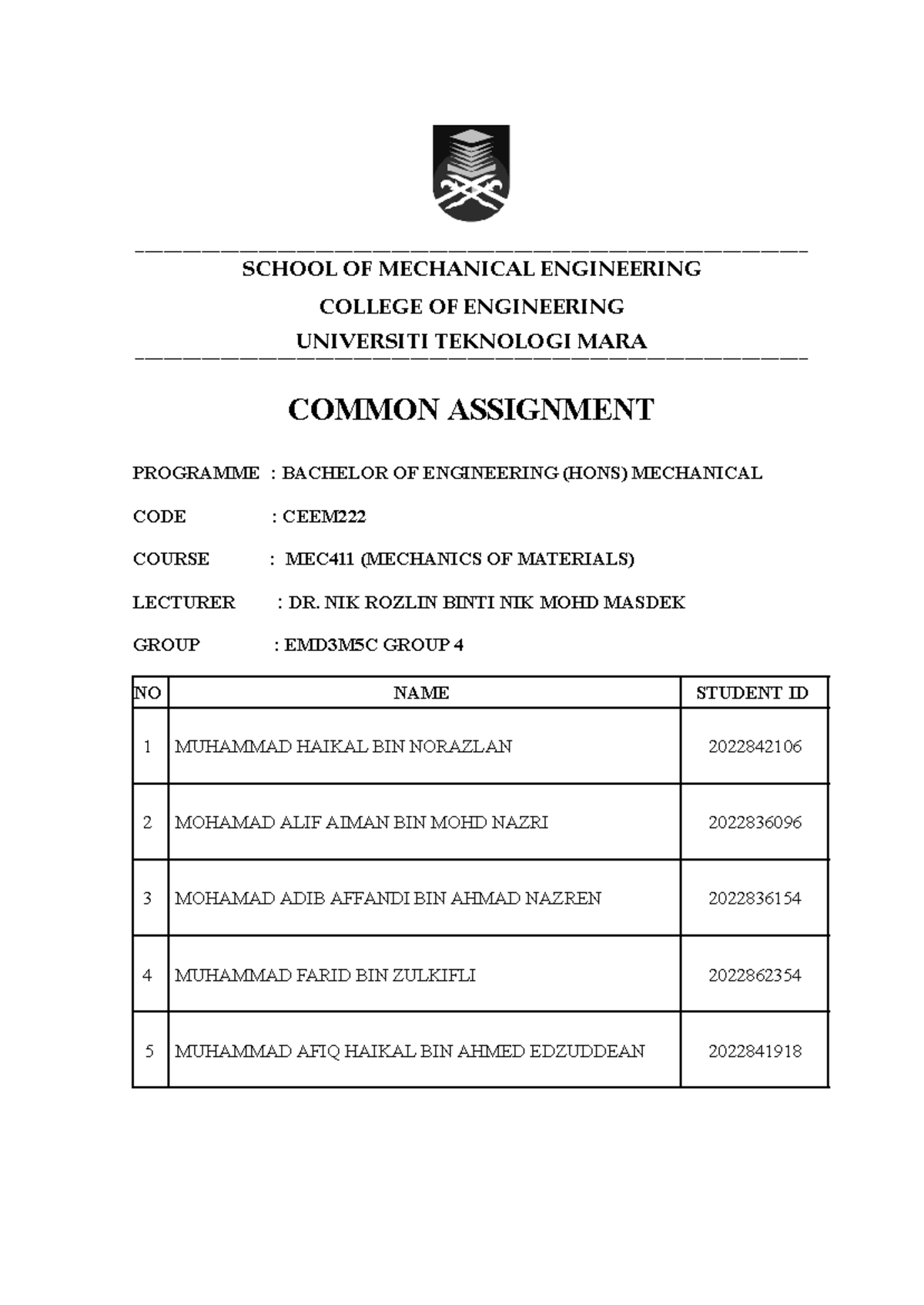 Common Assignment MEC411 G4 5C - - Studocu