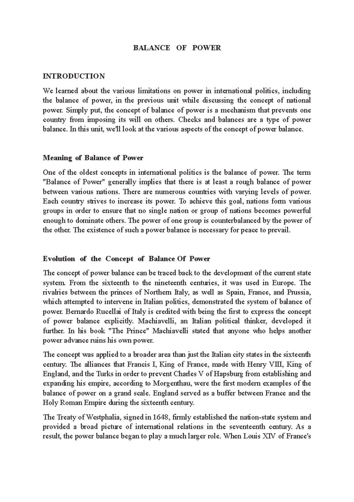 Balance of Power - Lecture Notes (INTPOL 301) - Studocu