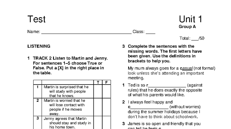 Focus 3 2E Test Unit 1 Group A Listening & Grammar Exercises - Studocu