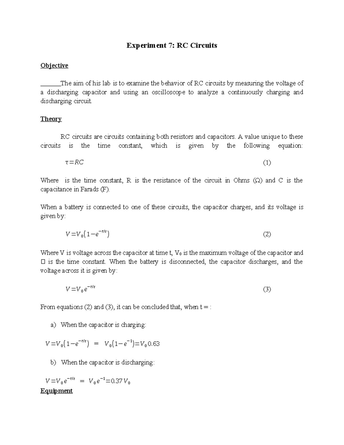 PHYS221 Lab 7: Analyzing RC Circuit Behavior and Data Analysis - Studocu