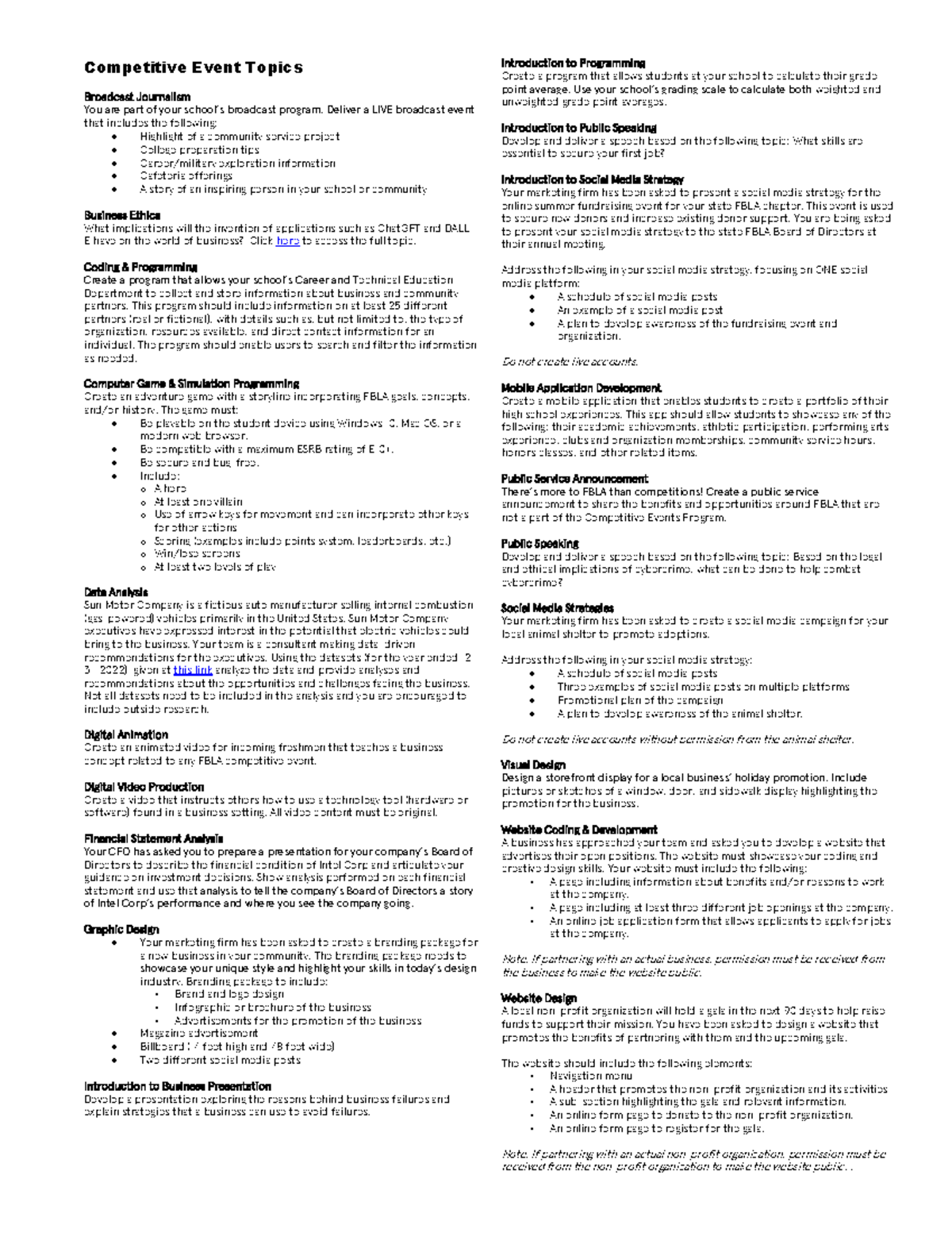 FBLA Competitive Event Topic Descriptions and Projects Guide - Studocu