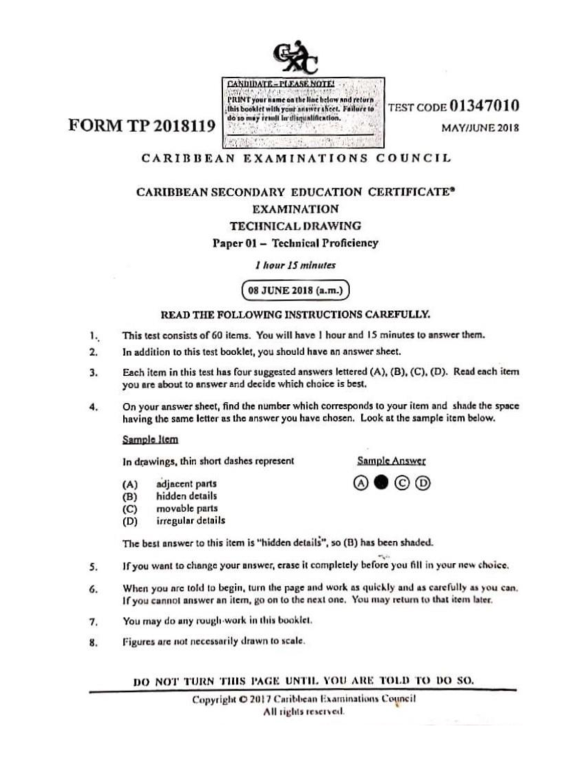2018 CSEC Technical Drawing P1 Multiple Choice Practice Questions - Studocu