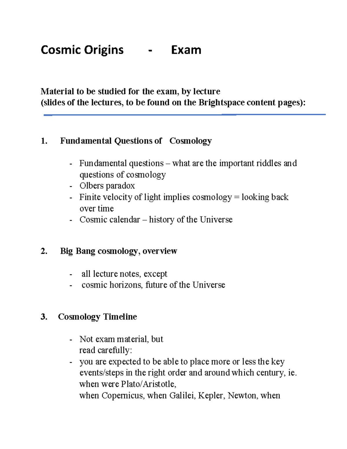 COSC 101: Cosmic Origins Exam Study Guide & Lecture Notes - Studeersnel