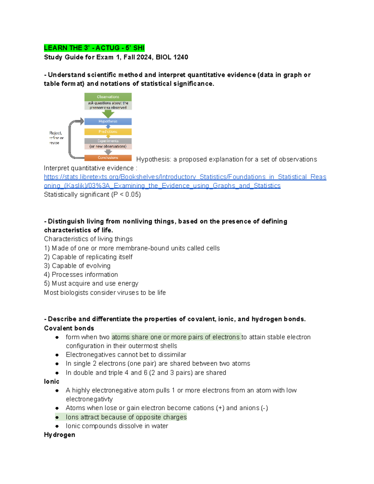Study Guide for Exam 1, Fall 2024, BIOL 1240: Key Concepts in Biology ...