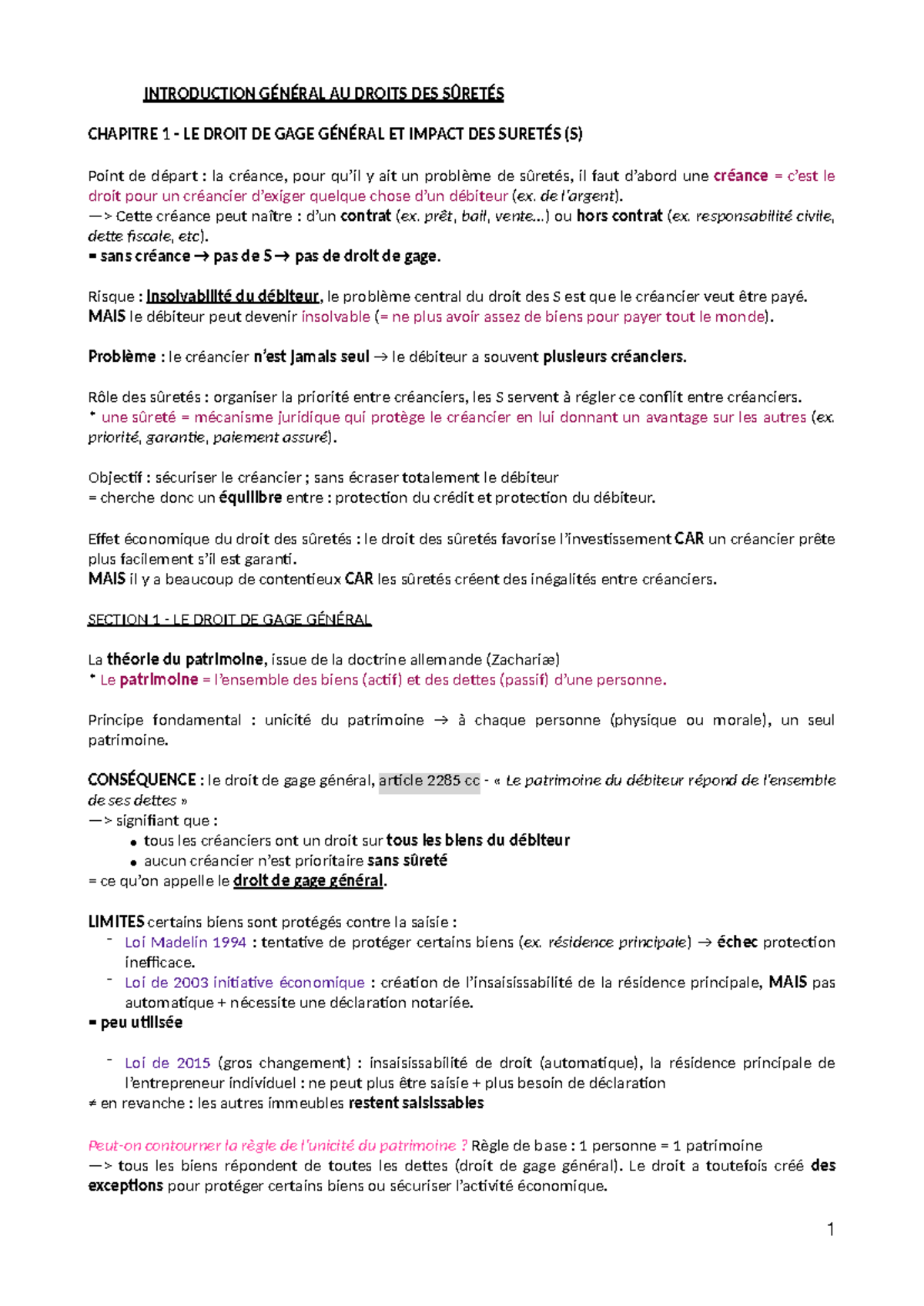 Droit des Sûretés - Chapitre 1 : Le Droit de Gage Général et Impact des ...