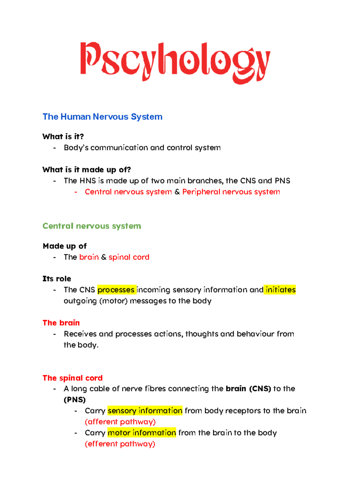 Psychology 3/4 Year 11 - Nervous System & Stress Response Notes - Studocu