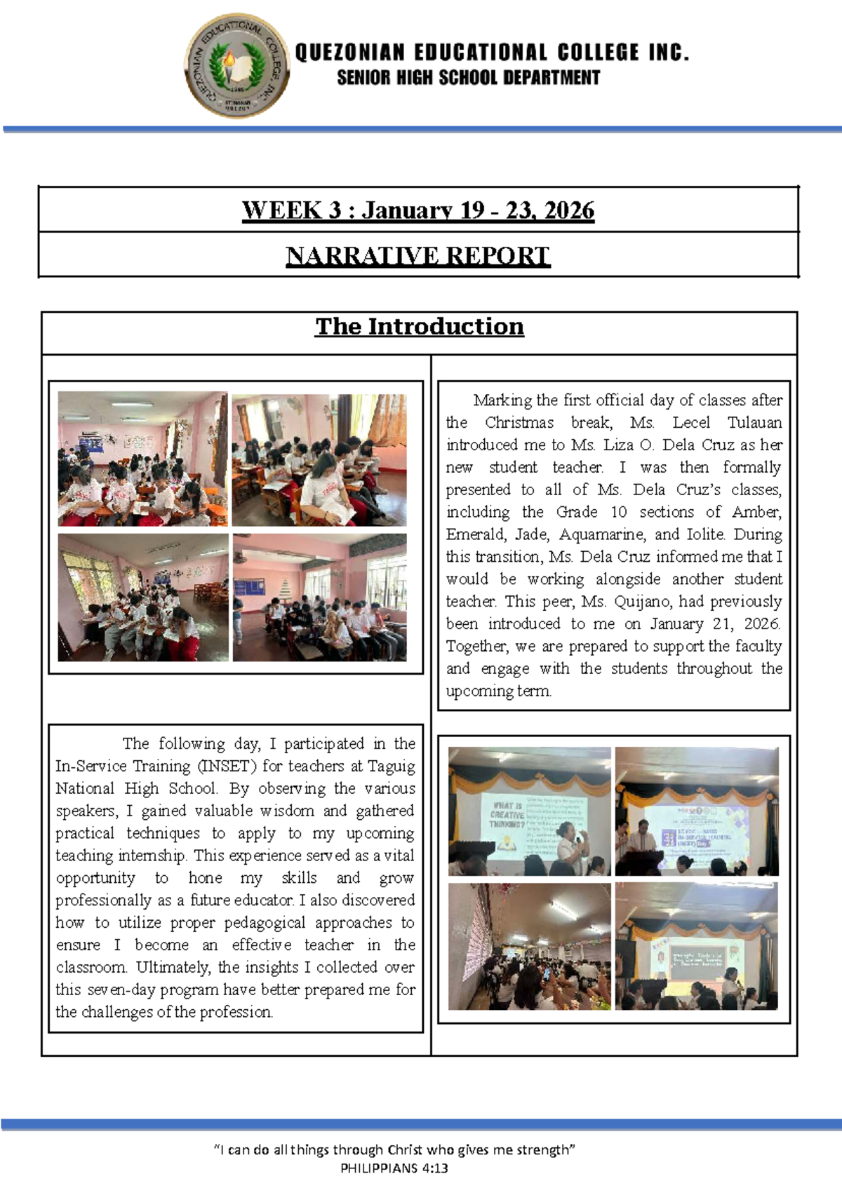 WEEK 3 NARRATIVE REPORT: Student Teaching Experience (Jan 19-23, 2026 ...