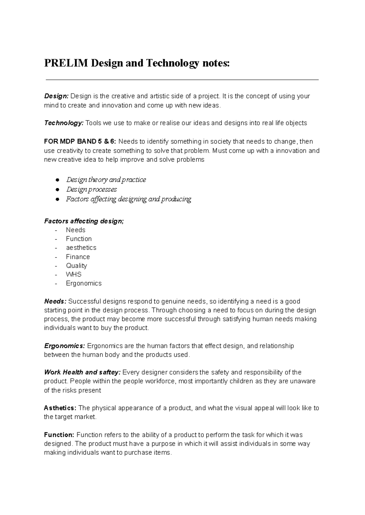 Prelim MDP Band 5/6: Design & Technology Notes on Innovation - Studocu