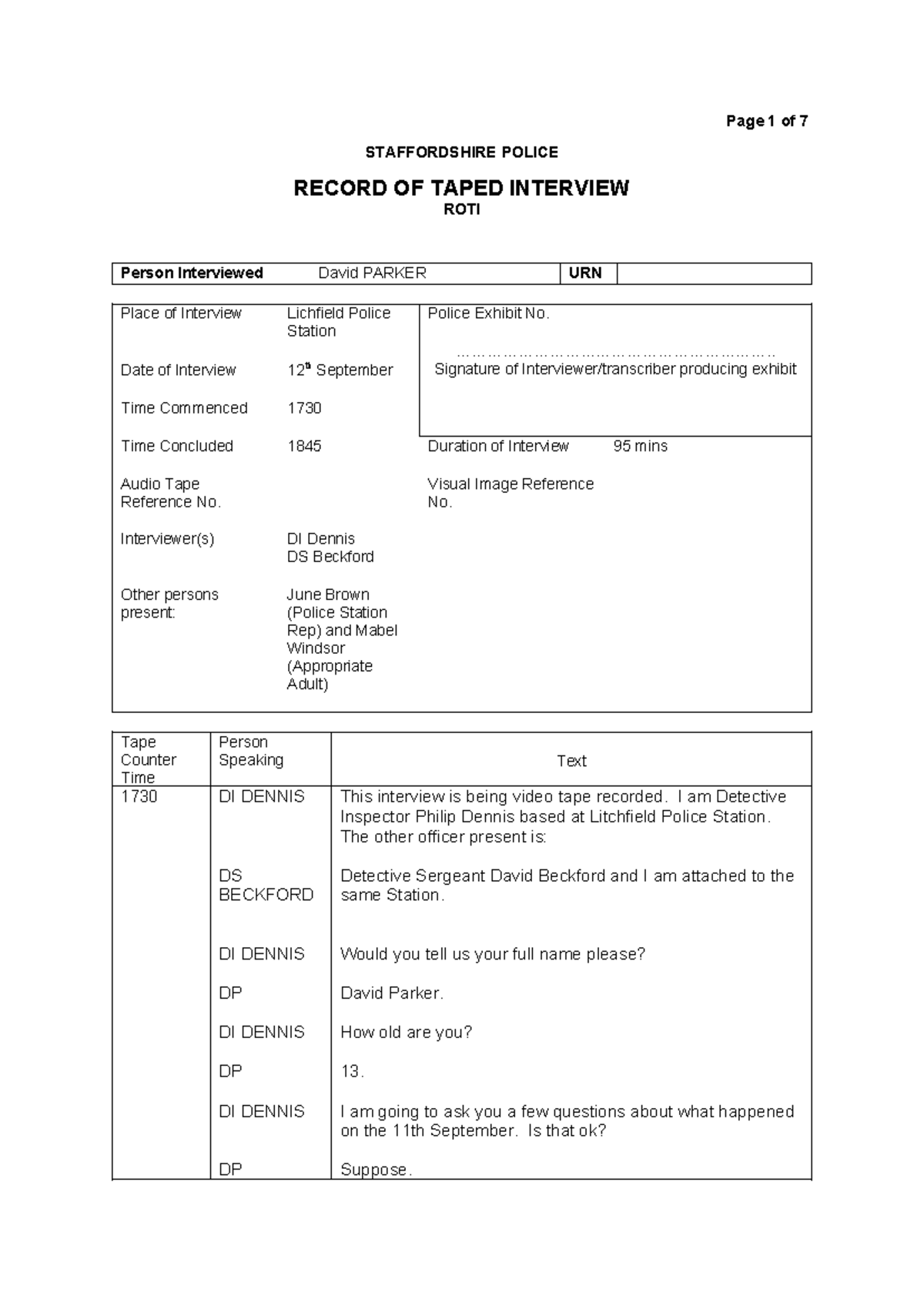 Police Interview Transcript: David Parker - Staffordshire Police - Studocu