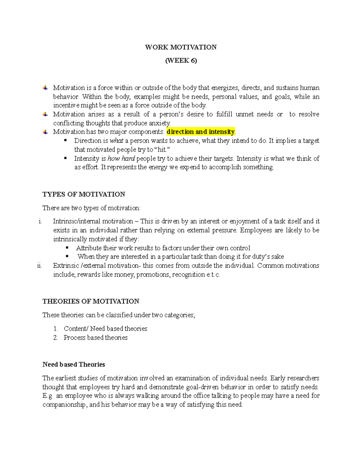 WEEK 6: Understanding Work Motivation Theories and Types - Studocu