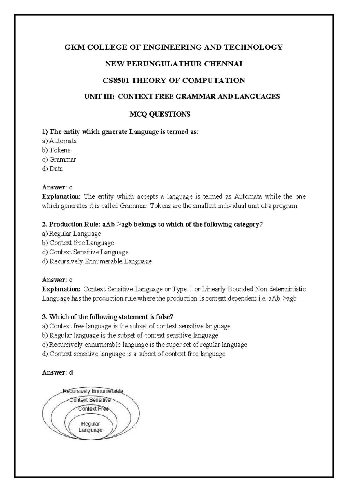 GKM COLLEGE OF ENGINEERING AND TECHNOLOGY UNIT I: AUTOMATA MCQ ...
