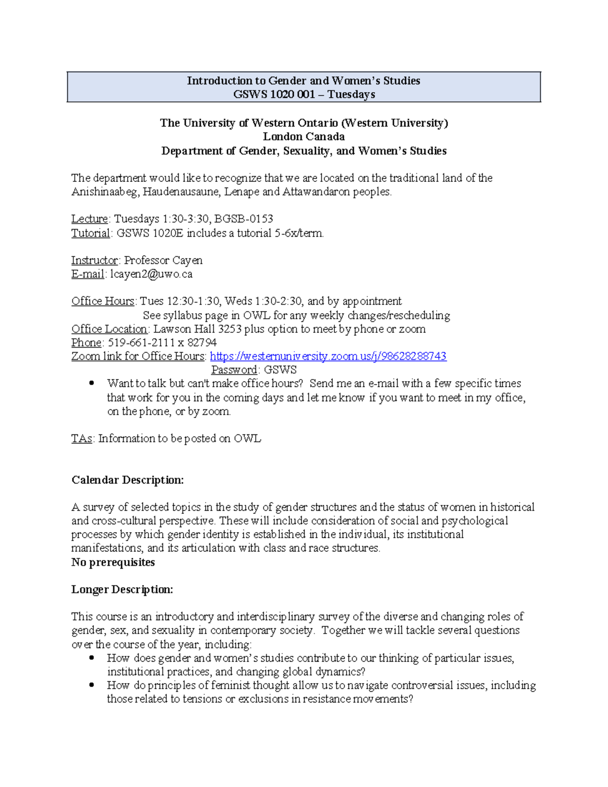 GSWS 1020 001: Intro to Gender & Women's Studies Lecture Notes - Studocu