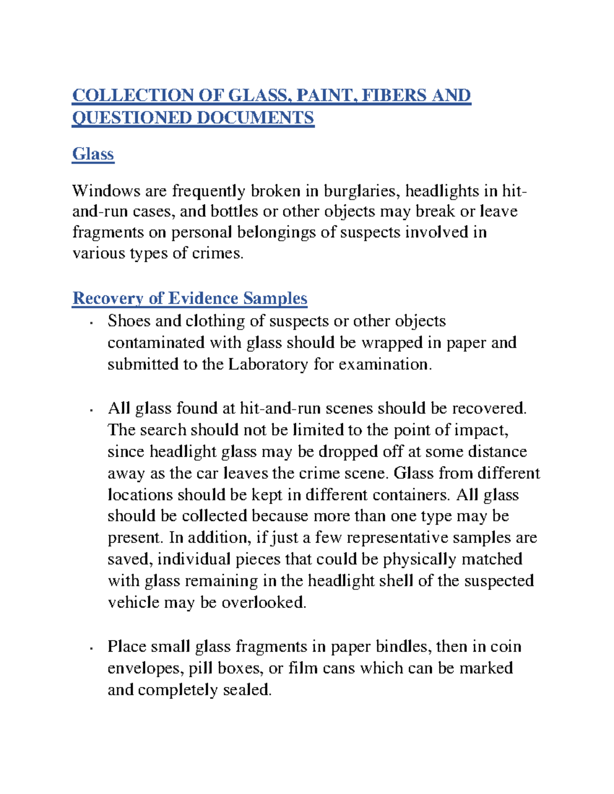 Collection and Analysis of Glass, Paint, and Fiber Evidence - Studocu
