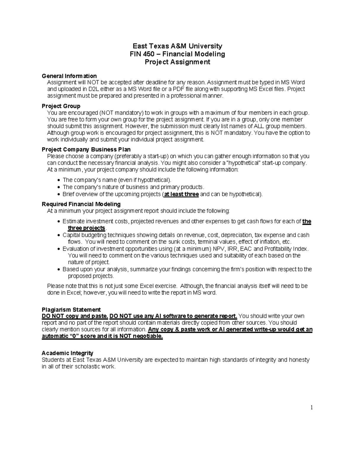 FIN 450 Financial Modeling Project Assignment Guidelines - Studocu