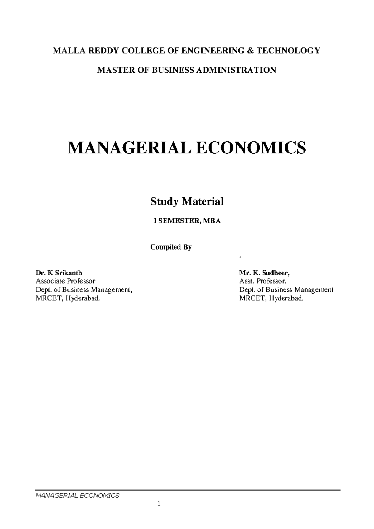 MBA I SEMESTER Managerial Economics Study Notes - Compiled by Dr. K ...
