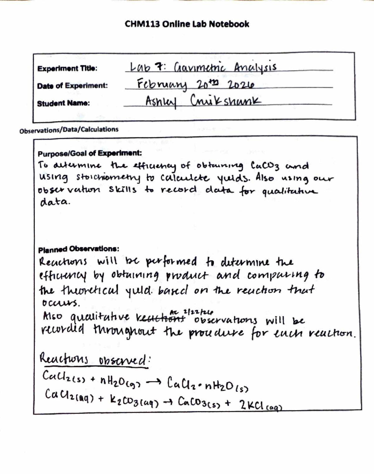 CHM113 Online Lab 7 Notebook: Experiment Observations and Procedures ...