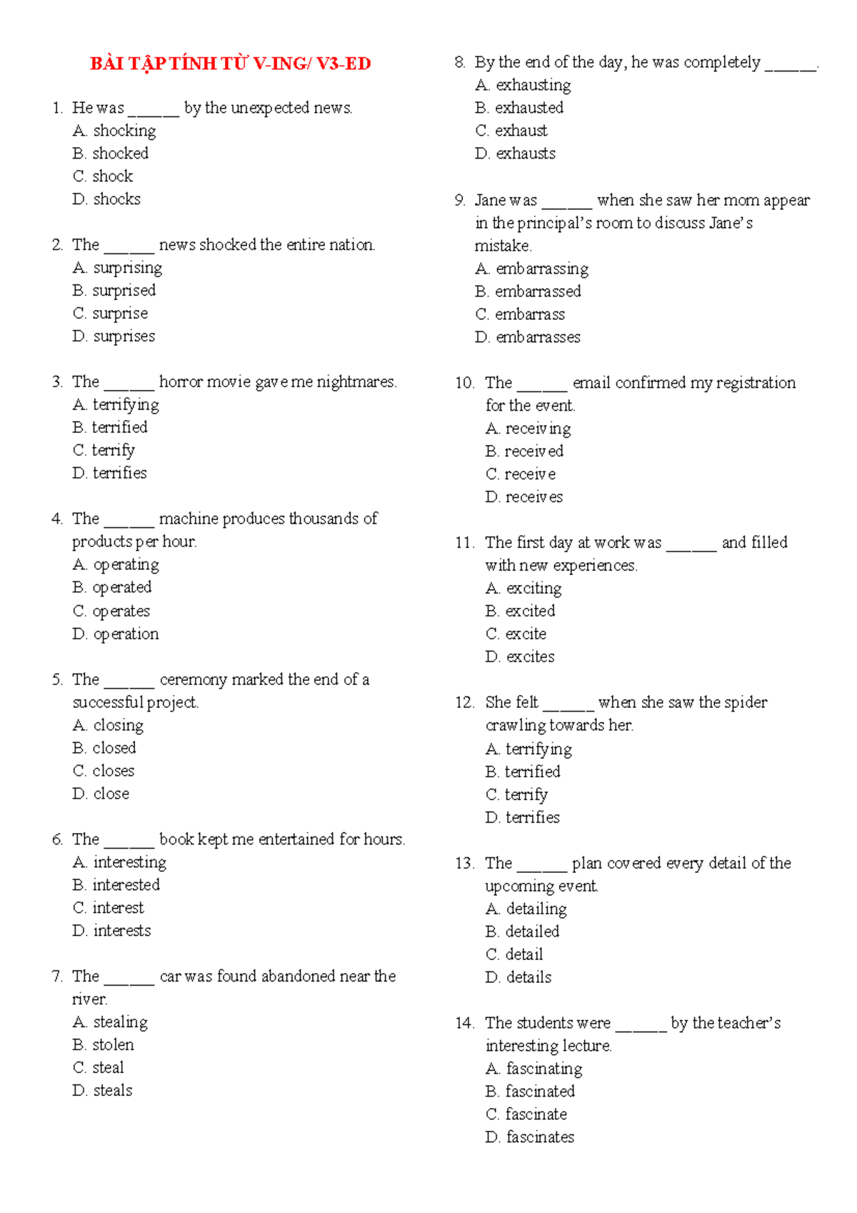 BÀI TẬP TÍNH TỪ V-ing V3-ed (Bonus) - Exercises and Answers - Studocu