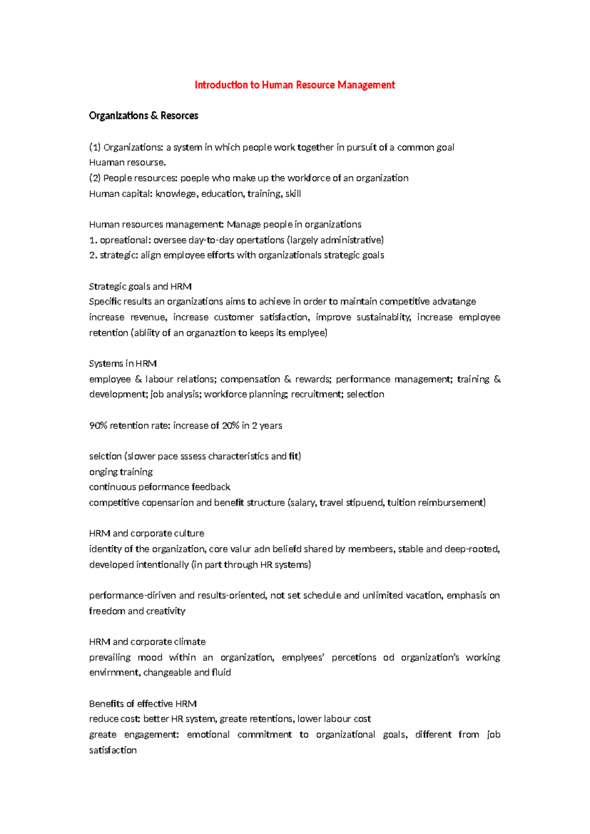HRM 101: Comprehensive Notes on Human Resource Management Concepts ...