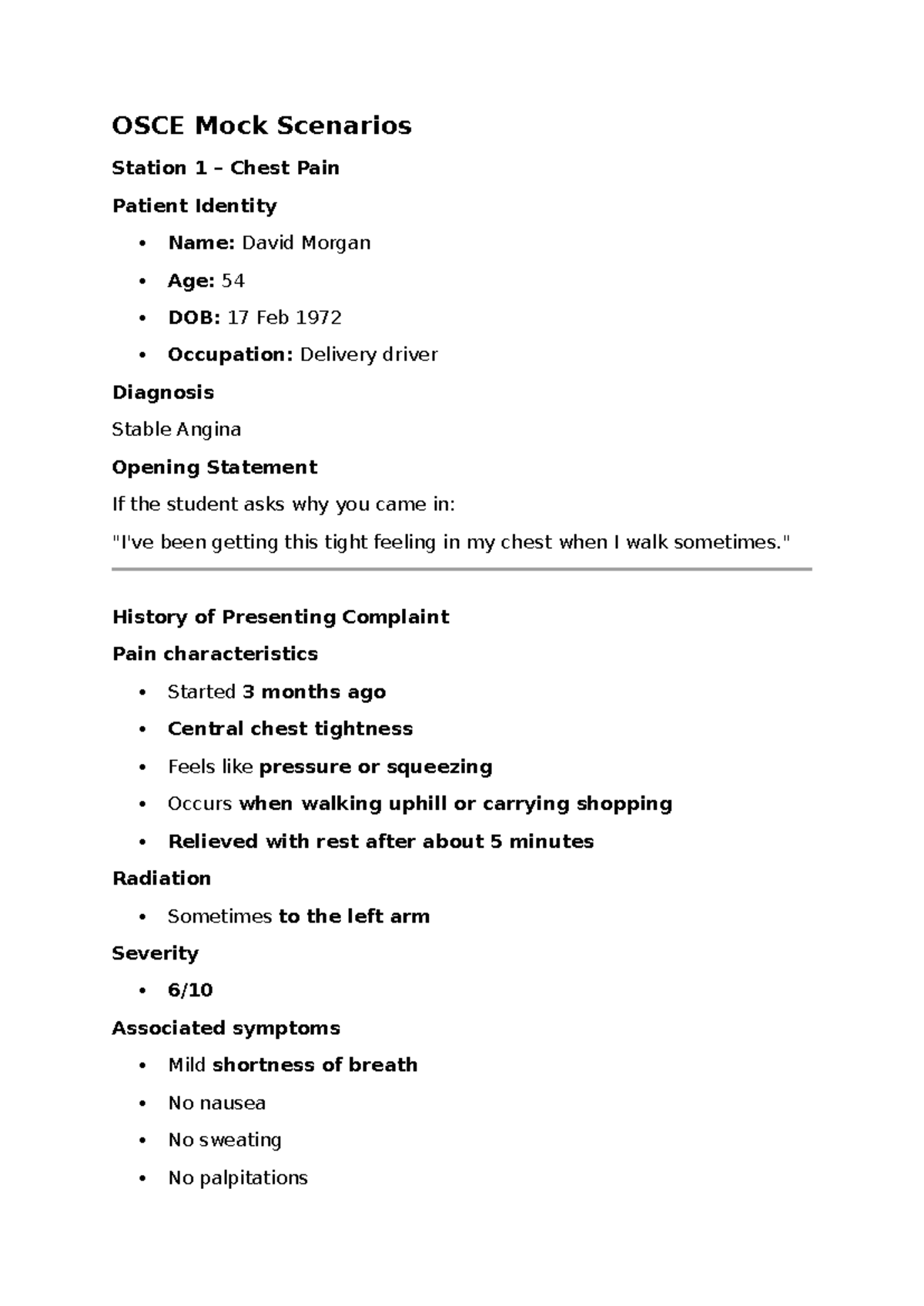 OSCE Mock Scenarios: Chest Pain Patient Case Study - Studocu