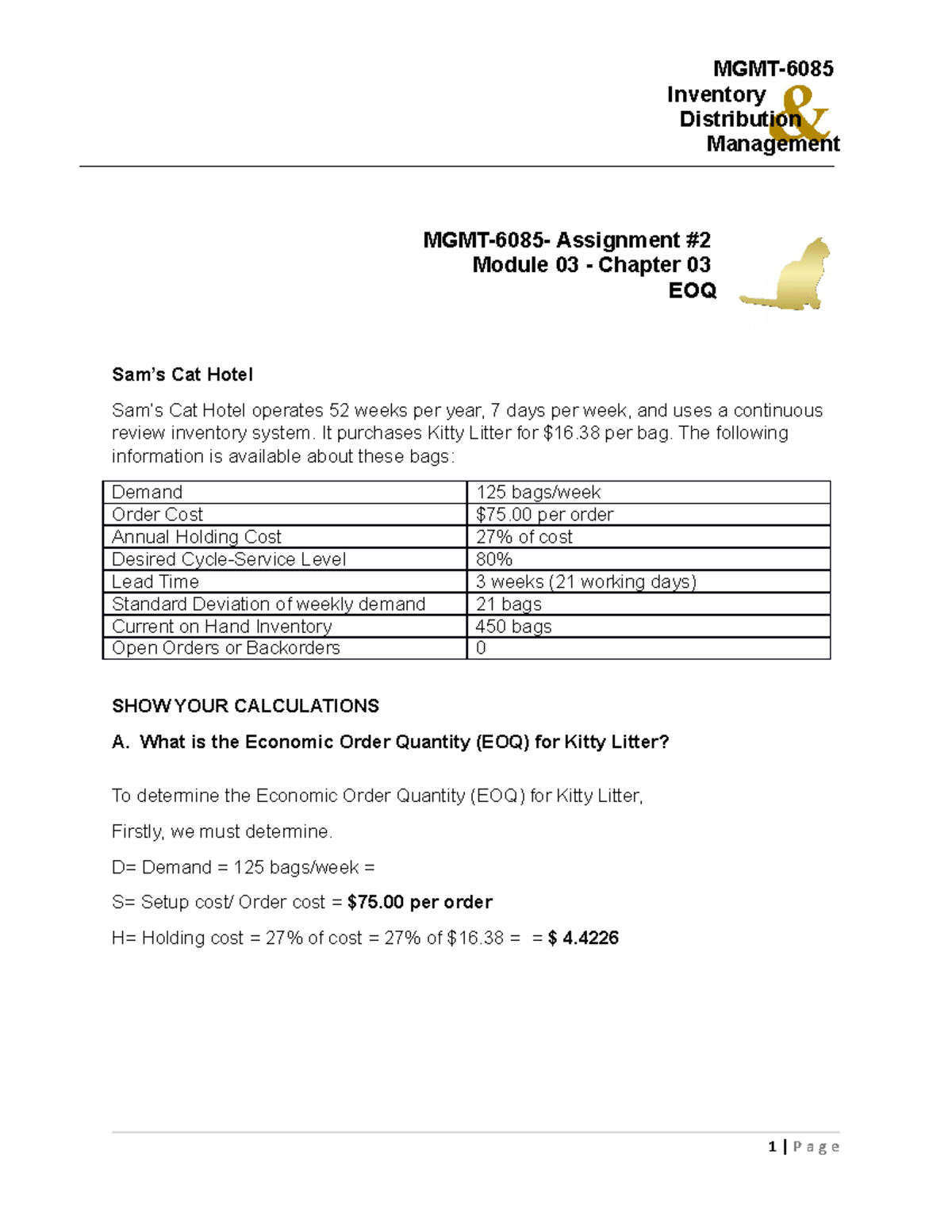 MGMT-6085 Assignment #2: Economic Order Quantity Analysis - Studocu