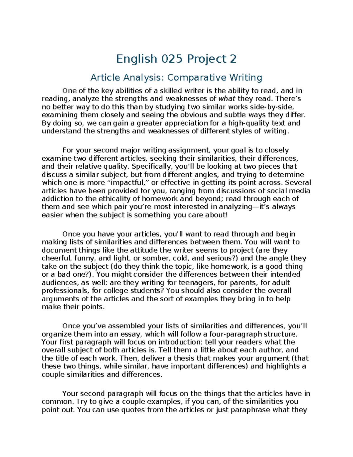 English 025 Project 2: Comparative Analysis of Two Articles - English ...