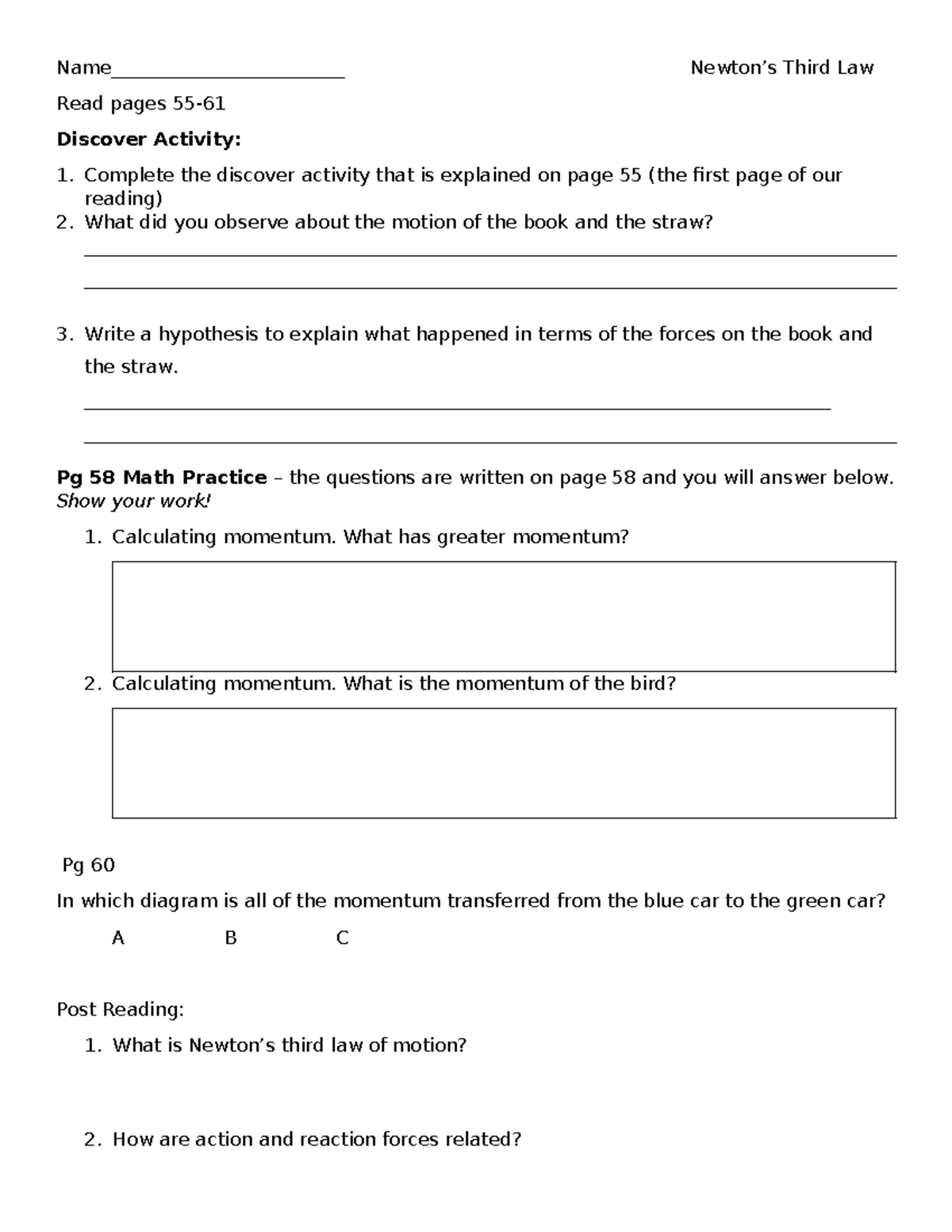 Newtons third law reading worksheet - Name ...