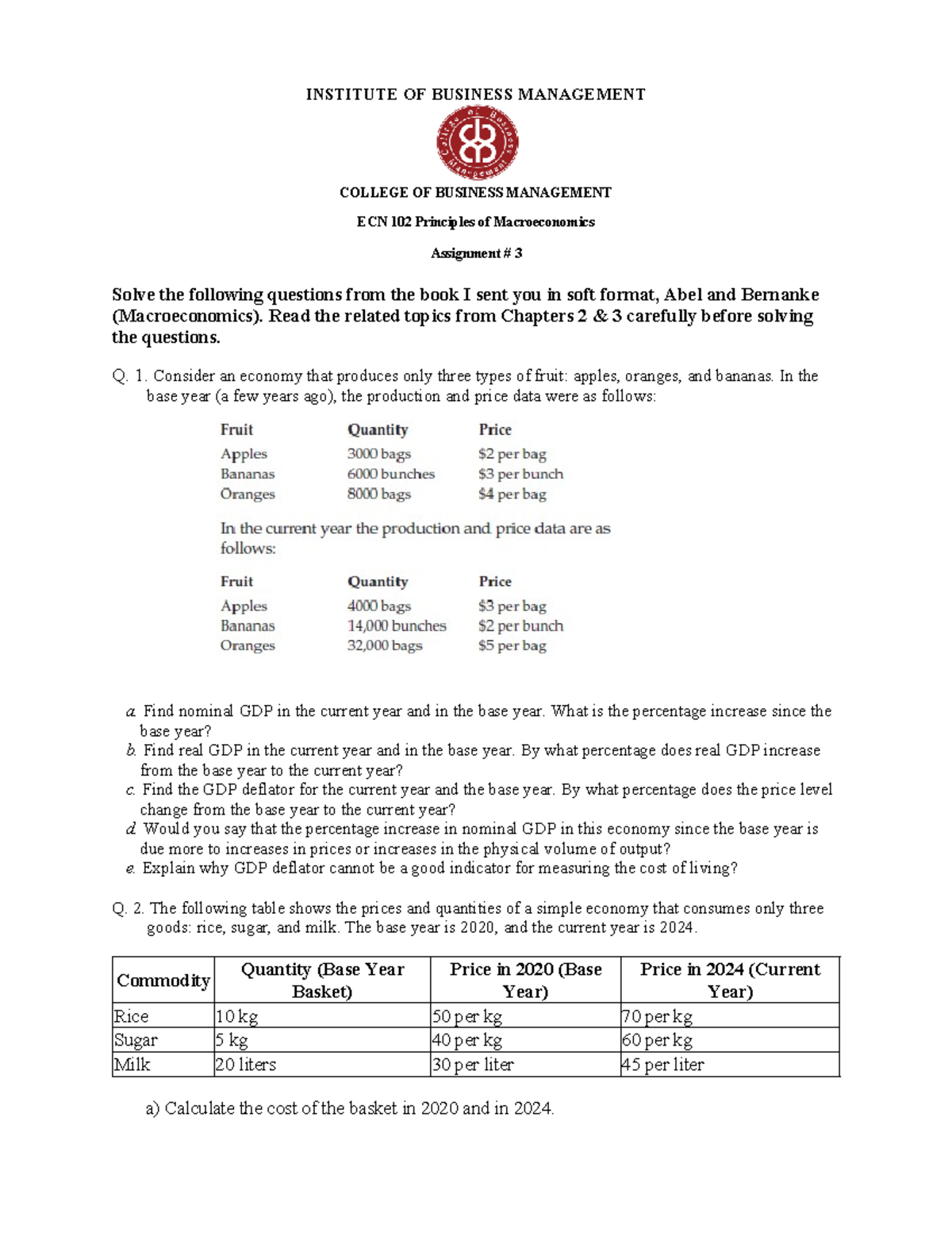 ECN 102 Assignment 3: Macroeconomics GDP Analysis and Calculations ...