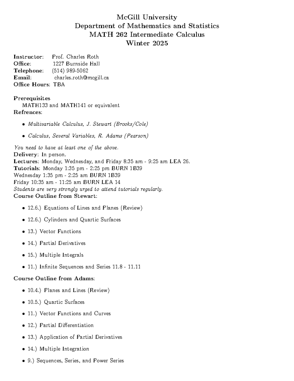 MATH 262 Intermediate Calculus Course Outline Winter 2025 - Studocu