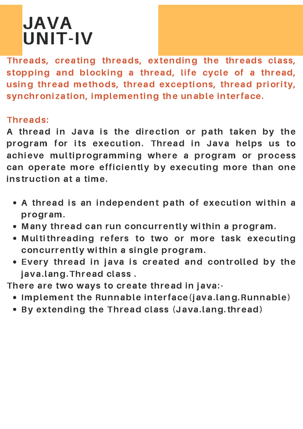 Thread Exception Java U-4 - UNIT-IV Threads, creating threads ...