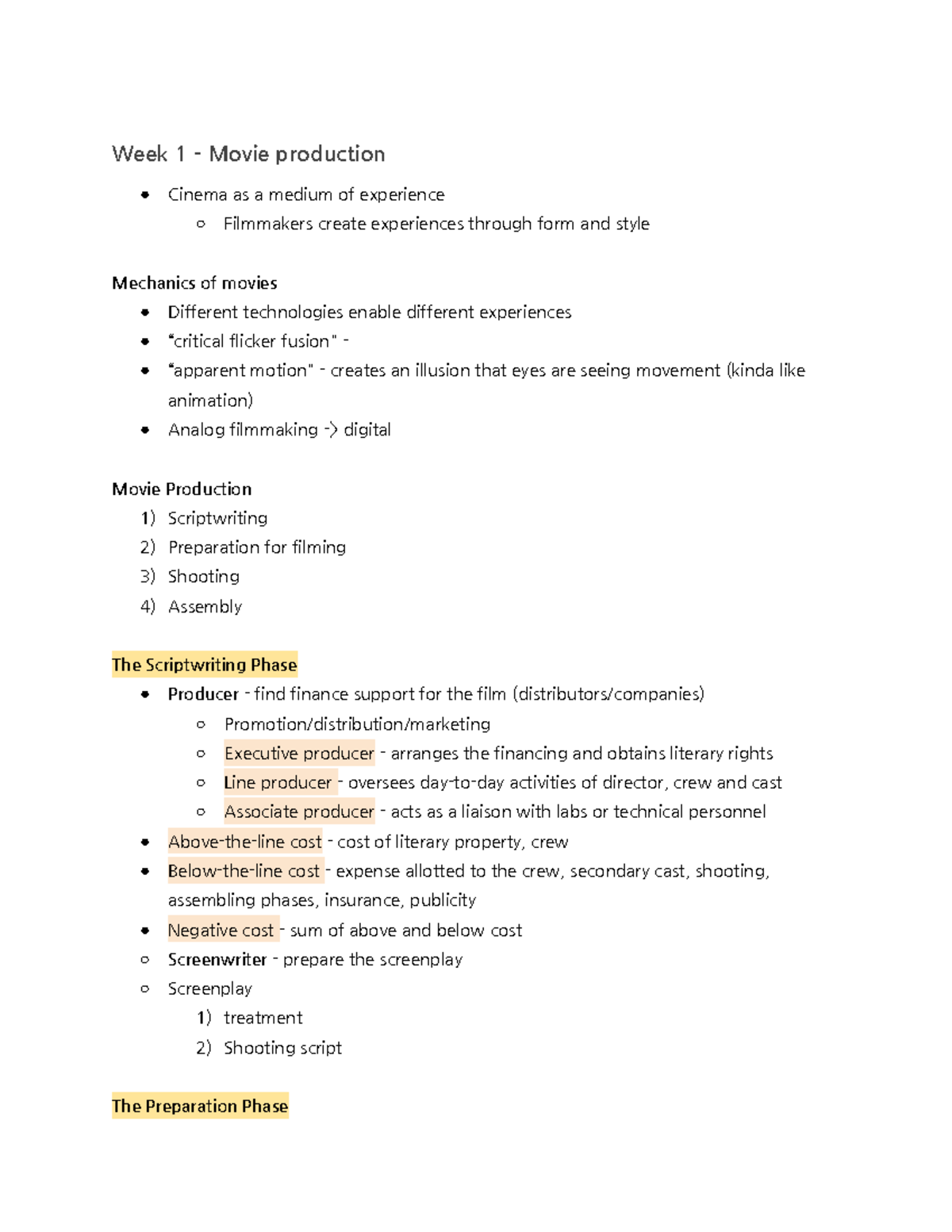 Film studies 1022 notes - Week 1 - Movie production Cinema as a medium ...