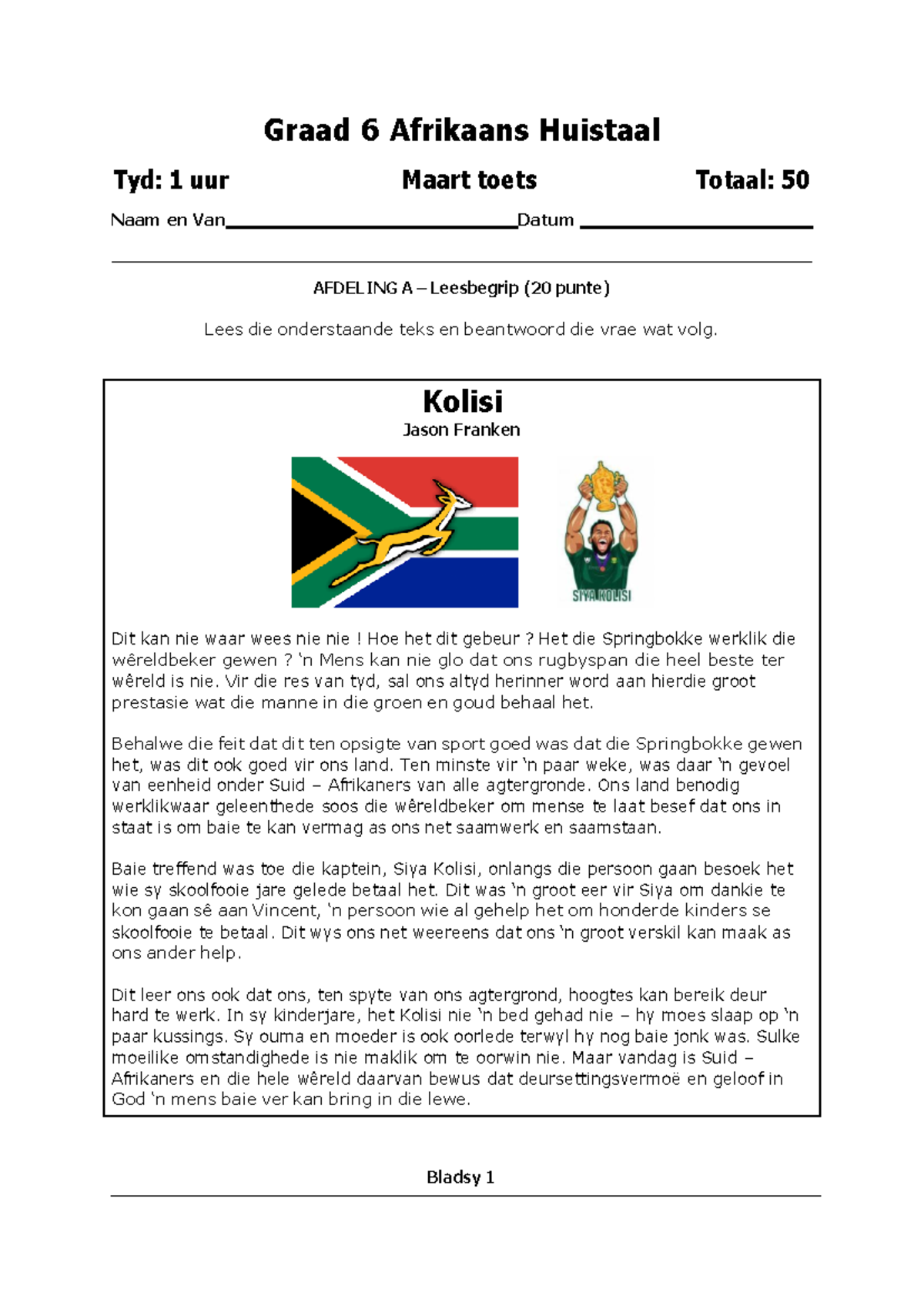 Graad 6 Afrikaans Huistaal Maart Toets: Leesbegrip en Taalstrukture ...