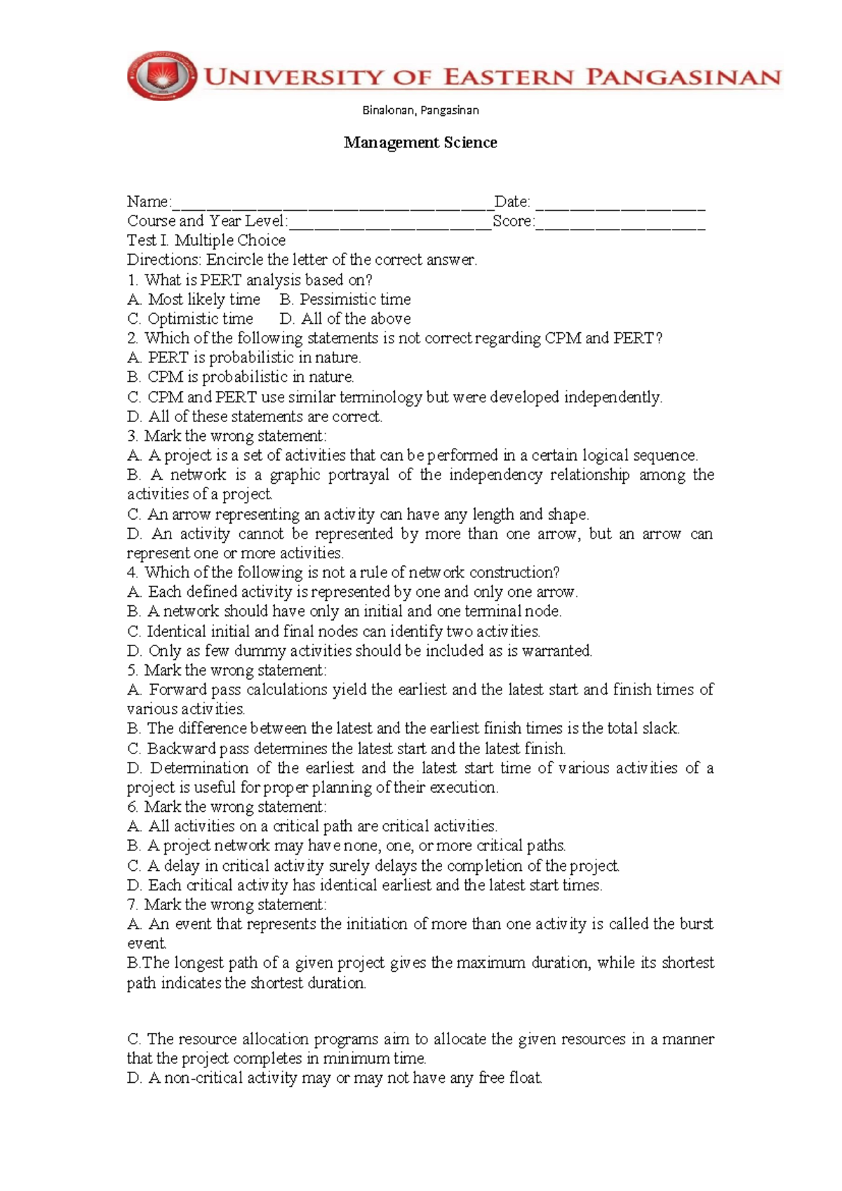 Binalonan, Pangasinan Management Science Test I: Multiple Choice Review ...
