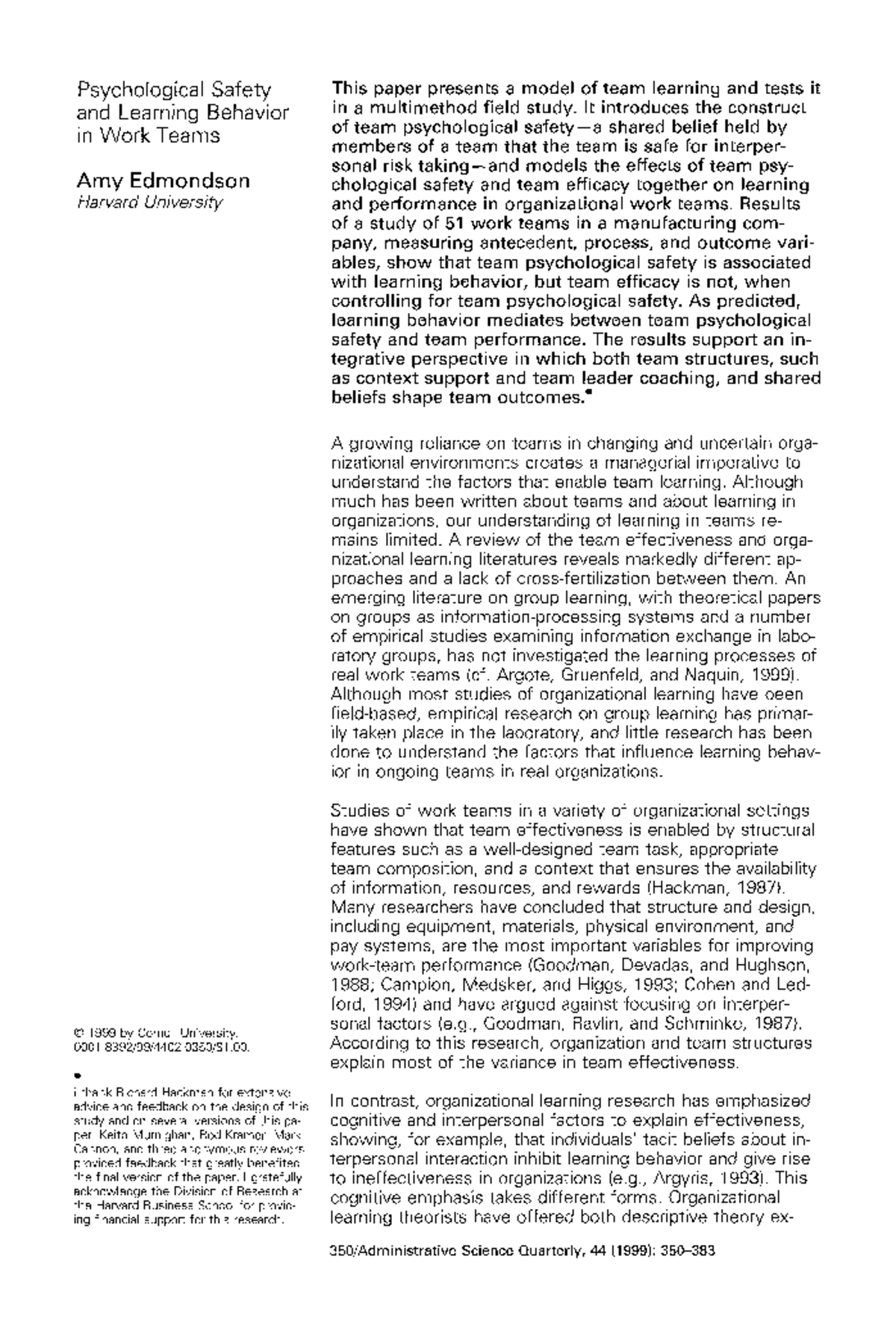 Team PSY 101: Psychological Safety & Learning Behavior in Work Teams ...