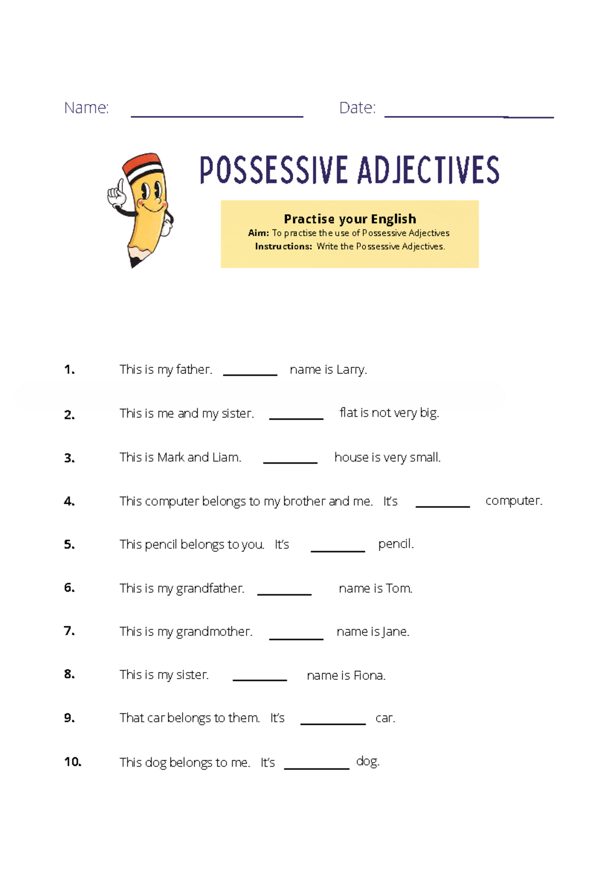 Possessive Adjectives Worksheet for Grammar Practice - Studocu