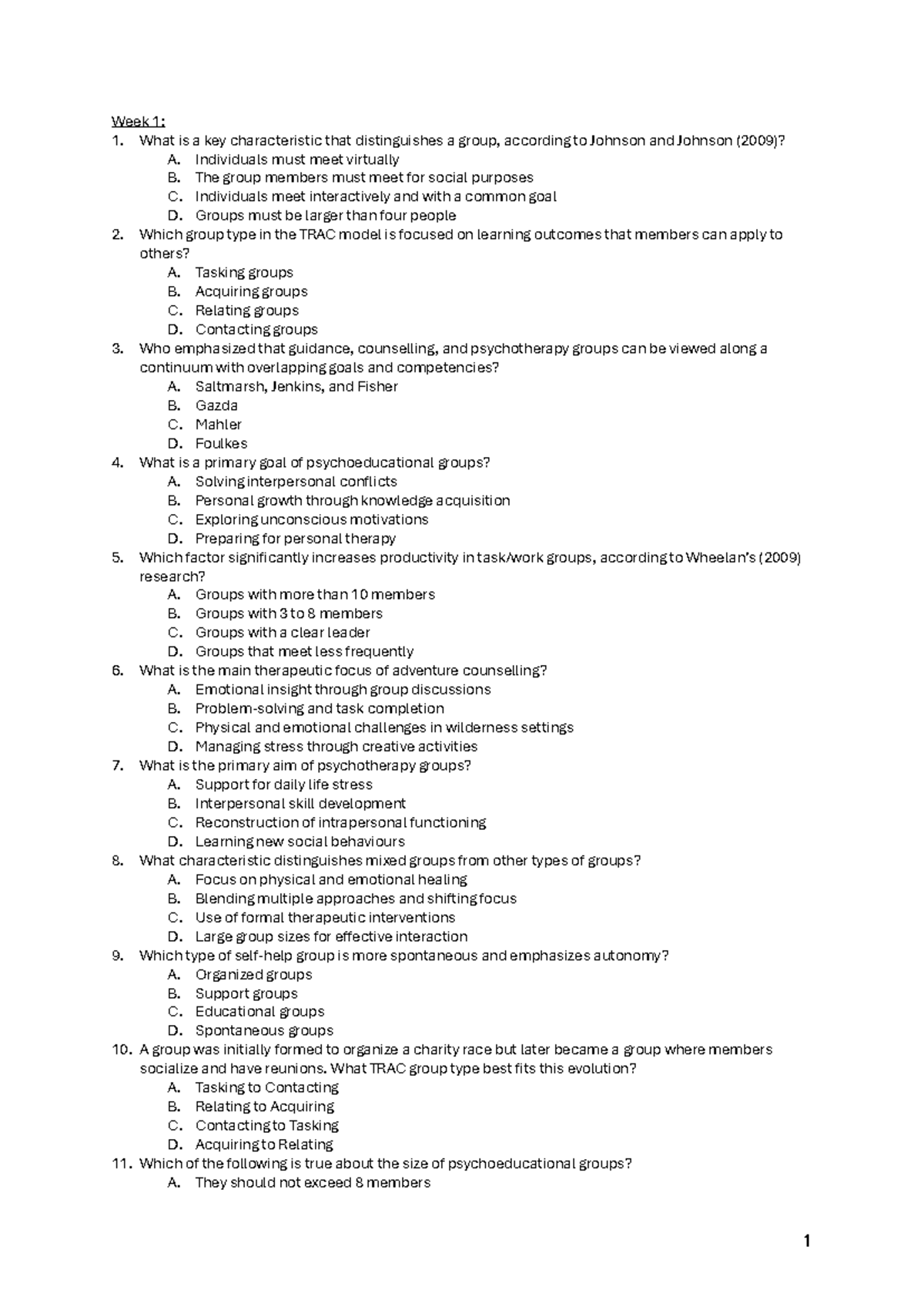Psych 348 - MCQ Study Guide: Key Concepts in Group Therapy - Studocu