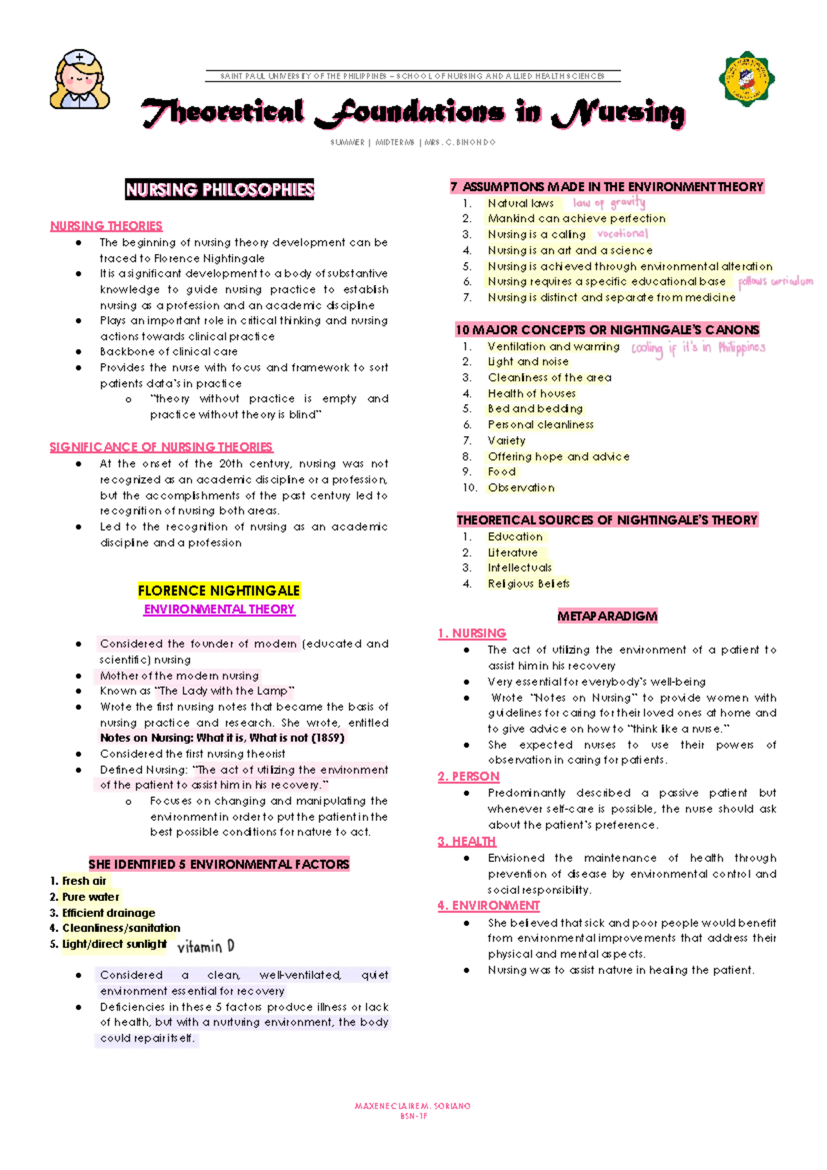 TFN 101 - Midterm Study Notes on Nursing Philosophies and Theories ...
