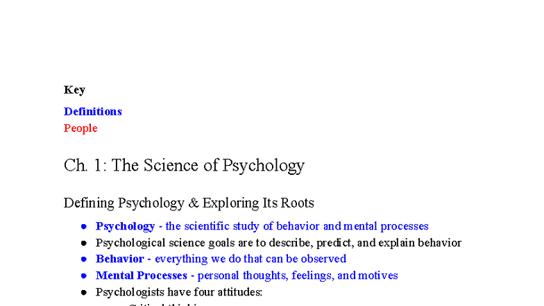Psychology 101 Notes - Key Definitions and Concepts Ch. 1-3 - Studocu
