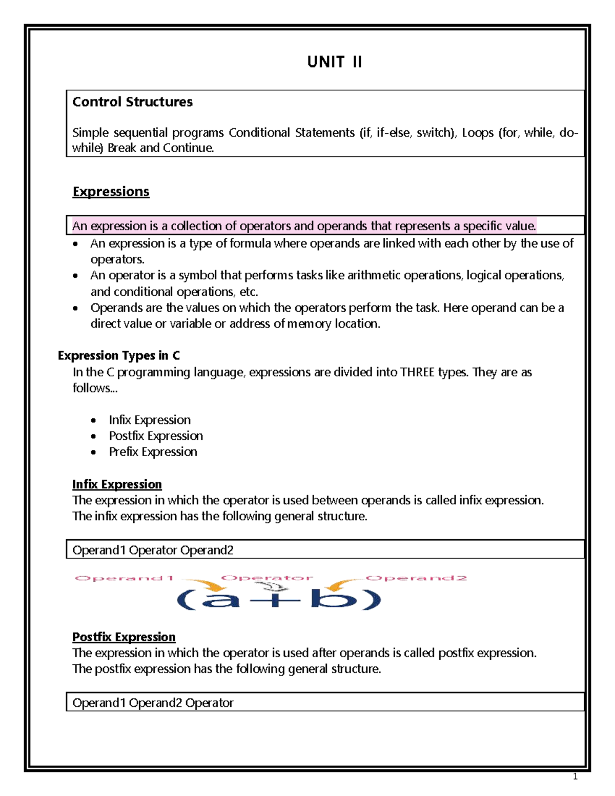 UNIT II - Control Structures: Conditional Statements & Loops in C - Studocu